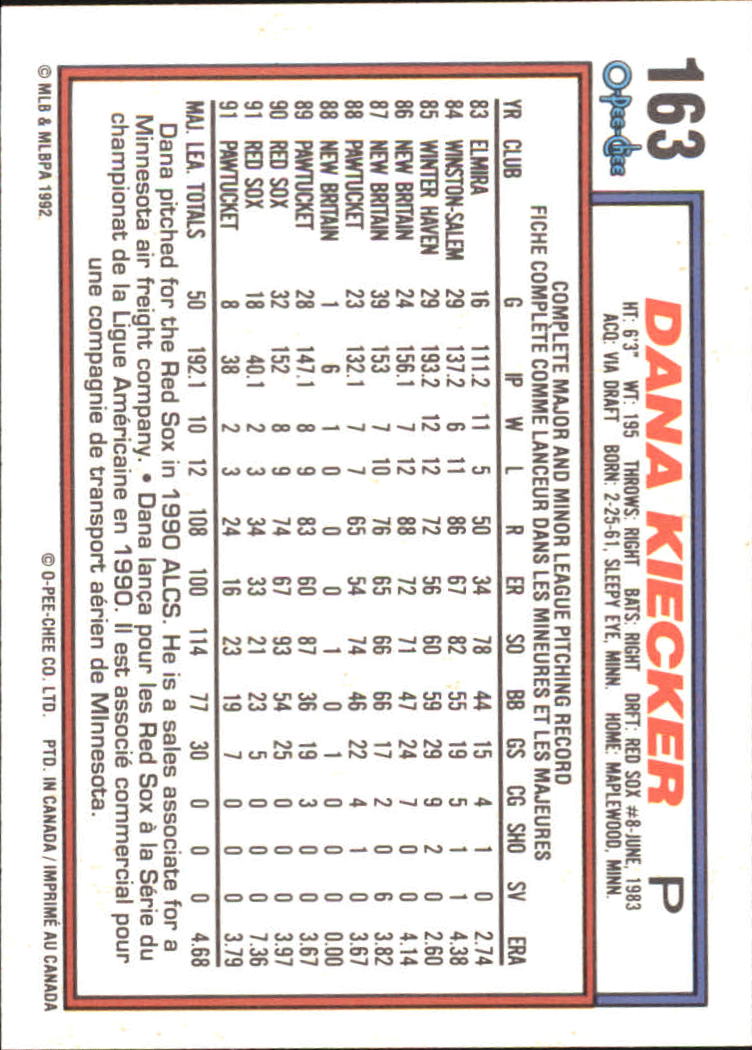1992 O-Pee-Chee #163 Dana Kiecker back image