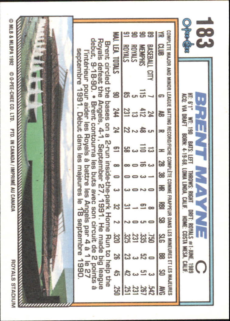 1992 O-Pee-Chee #183 Brent Mayne back image