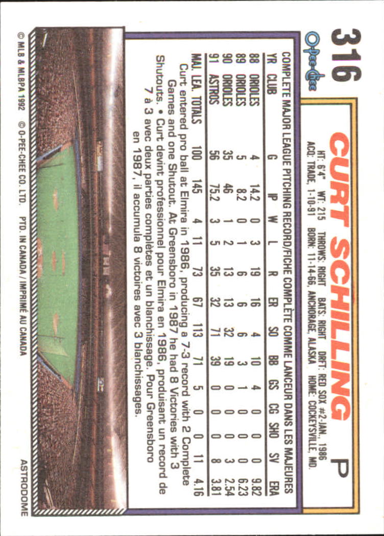 1992 O-Pee-Chee #316 Curt Schilling back image