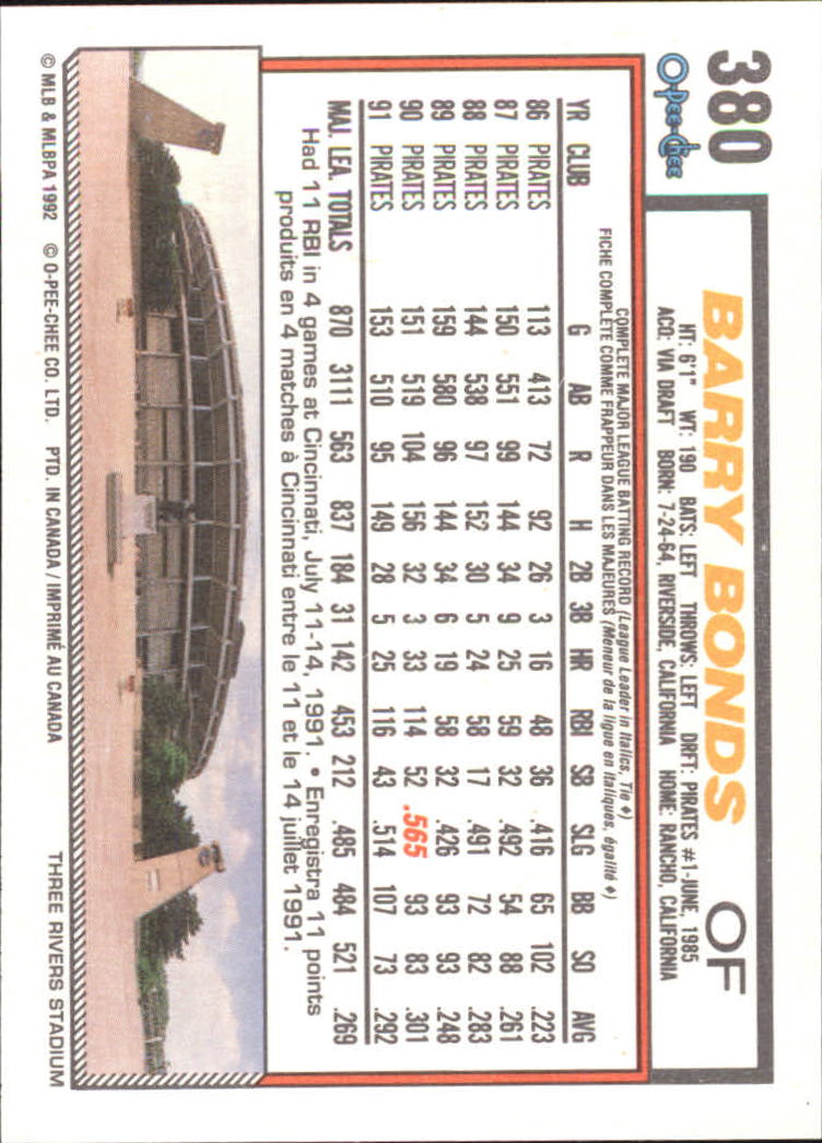 1992 O-Pee-Chee #380 Barry Bonds back image