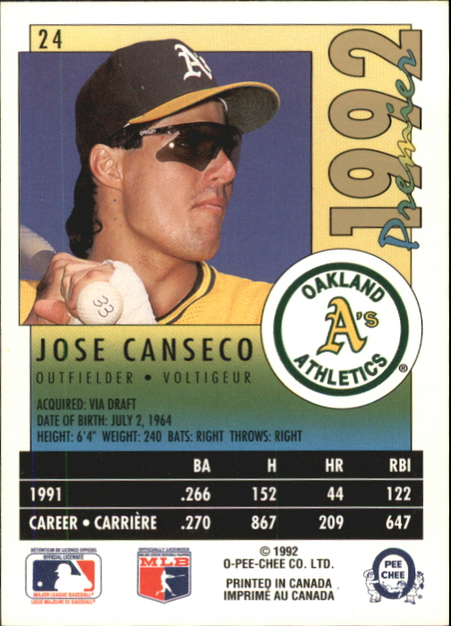 1992 O-Pee-Chee Premier #24 Jose Canseco back image