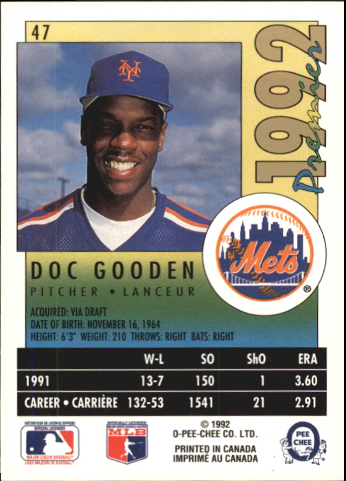 1992 O-Pee-Chee Premier #47 Dwight Gooden back image