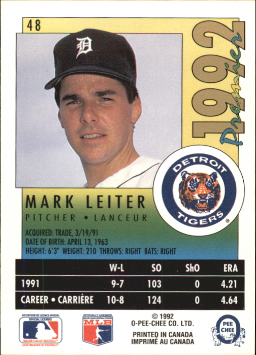 1992 O-Pee-Chee Premier #48 Mark Leiter back image