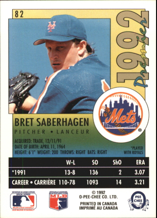 1992 O-Pee-Chee Premier #82 Bret Saberhagen back image