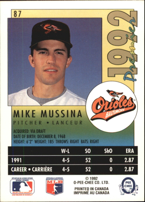 1992 O-Pee-Chee Premier #87 Mike Mussina back image