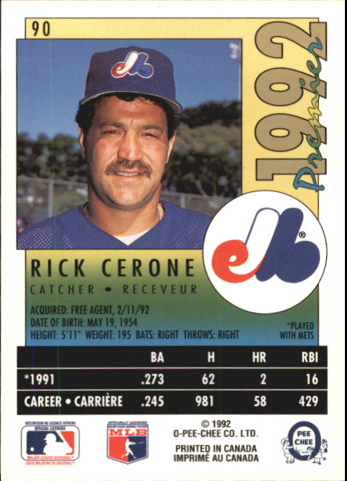 1992 O-Pee-Chee Premier #90 Rick Cerone back image