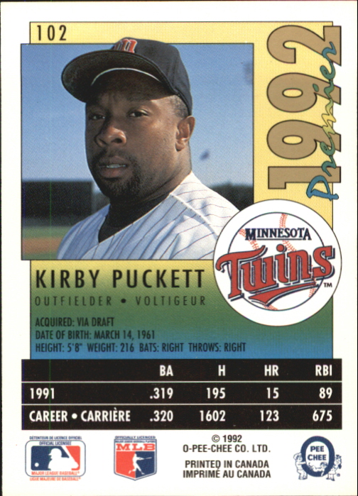 1992 O-Pee-Chee Premier #102 Kirby Puckett back image