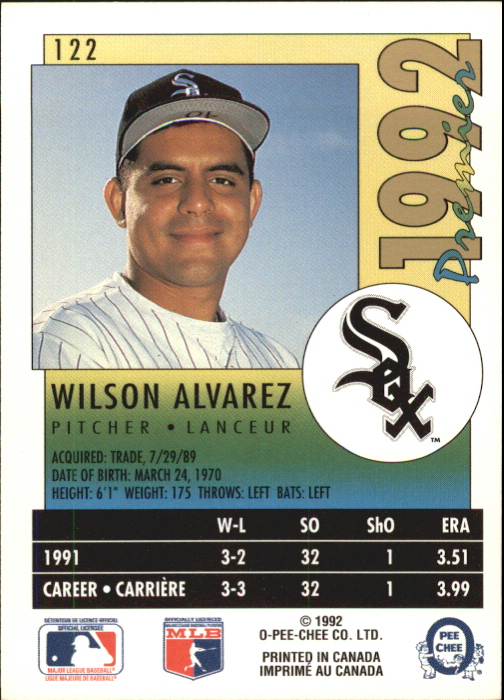 1992 O-Pee-Chee Premier #122 Wilson Alvarez back image