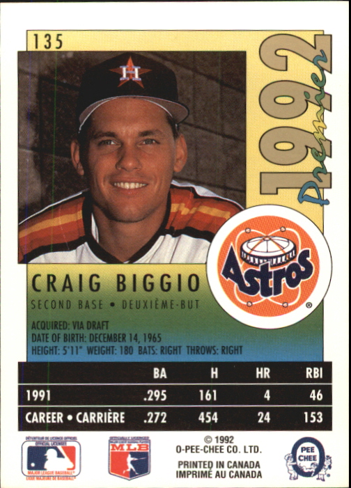 1992 O-Pee-Chee Premier #135 Craig Biggio back image