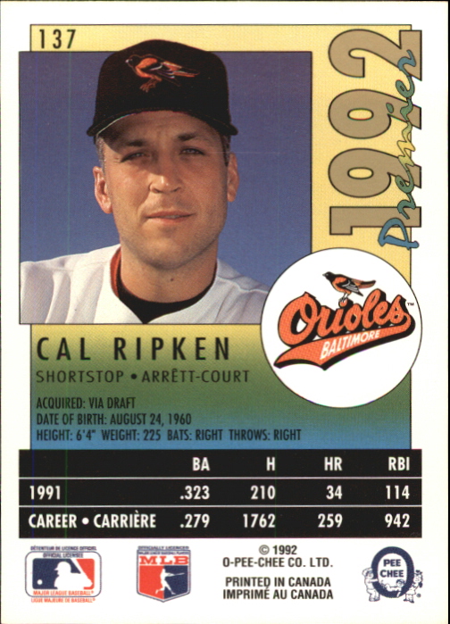 1992 O-Pee-Chee Premier #137 Cal Ripken back image