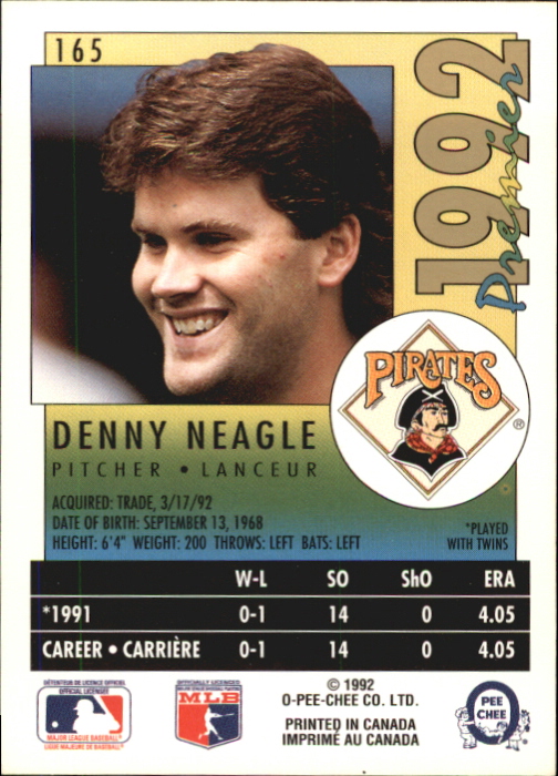 1992 O-Pee-Chee Premier #165 Denny Neagle back image