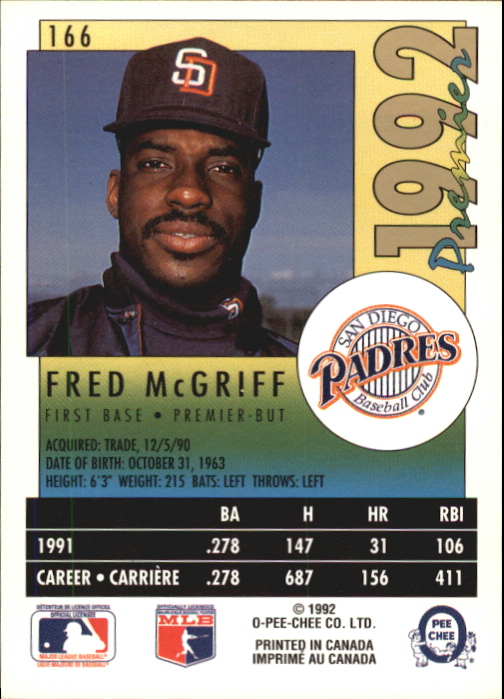 1992 O-Pee-Chee Premier #166 Fred McGriff back image
