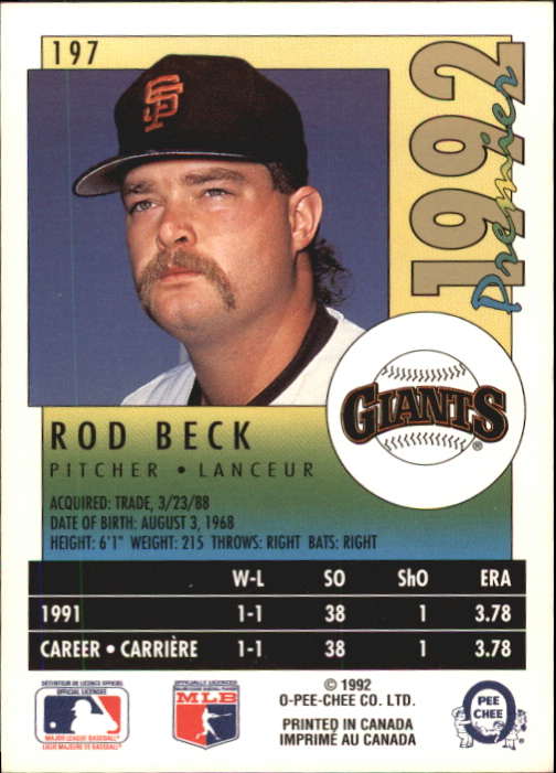 1992 O-Pee-Chee Premier #197 Rod Beck RC back image