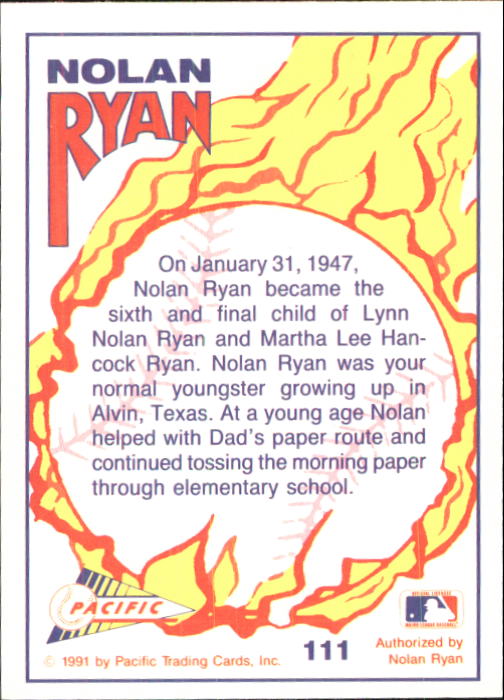 1992 Pacific Ryan Texas Express II #111 Nolan Ryan/The Golden Arm back image