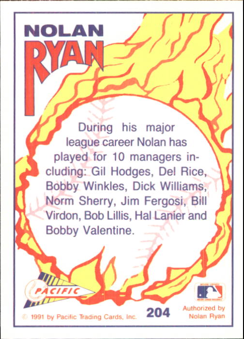 1992 Pacific Ryan Texas Express II #204 Nolan Ryan/Bobby Valentine/Manager's Delight back image