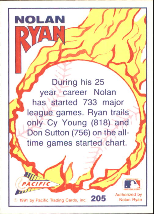 1992 Pacific Ryan Texas Express II #205 Nolan Ryan/733 Major League Starts back image