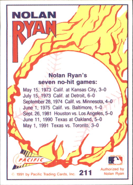 1992 Pacific Ryan Texas Express II #211 Nolan Ryan/Seven No-Hitters back image