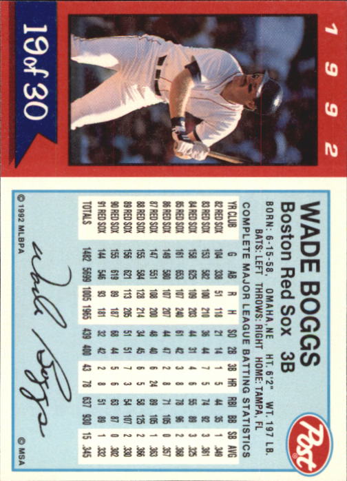 1992 Post #19 Wade Boggs back image