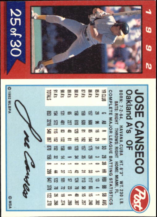 1992 Post #25 Jose Canseco back image