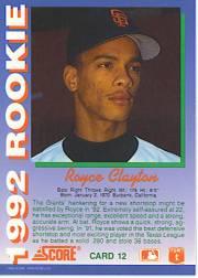 1992 Score Rookies #12 Royce Clayton back image
