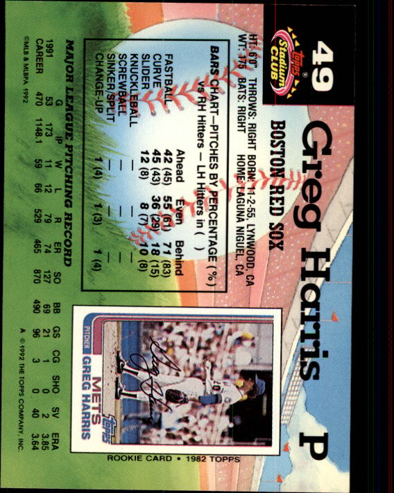1992 Stadium Club #49 Greg A. Harris back image