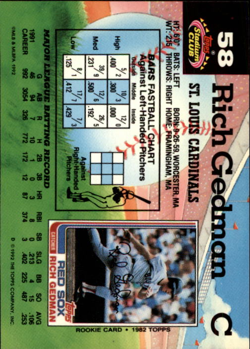 1992 Stadium Club #58 Rich Gedman UER/Wrong BARS chart used back image