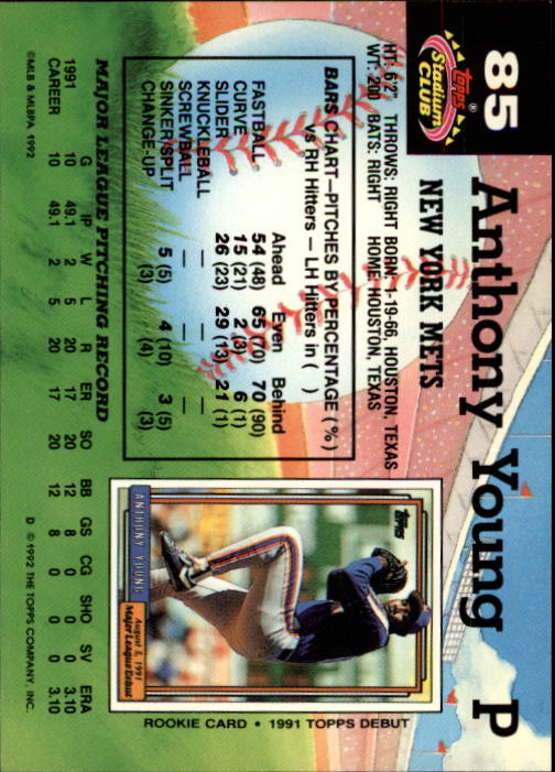 1992 Stadium Club #85 Anthony Young back image