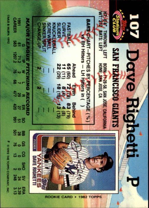 1992 Stadium Club #107 Dave Righetti back image