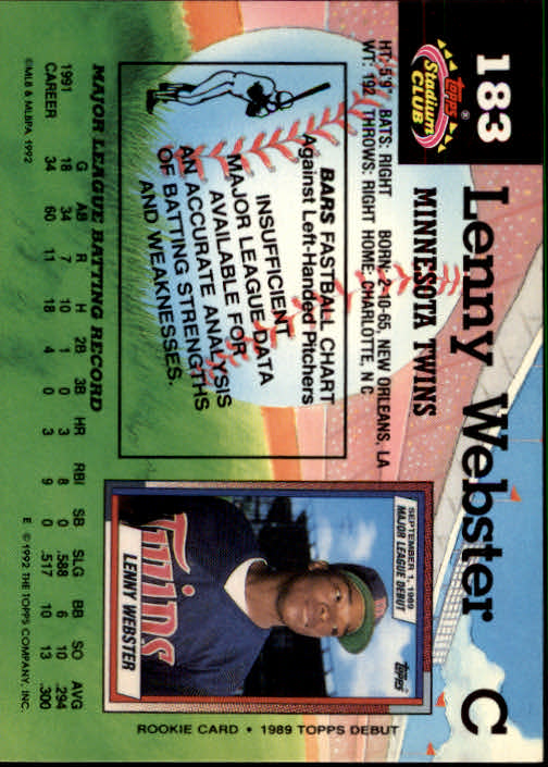 1992 Stadium Club #183 Lenny Webster back image