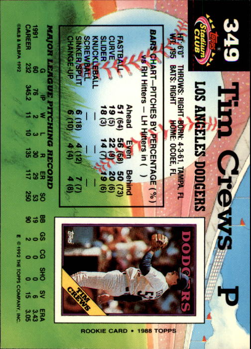 1992 Stadium Club #349 Tim Crews back image