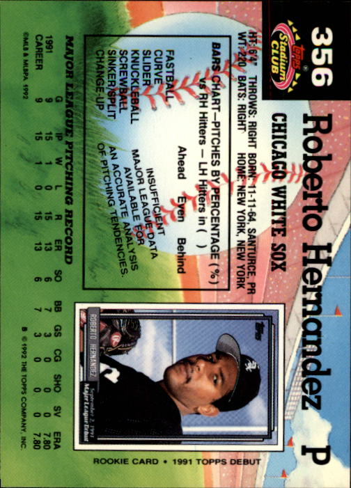 1992 Stadium Club #356 Roberto Hernandez back image