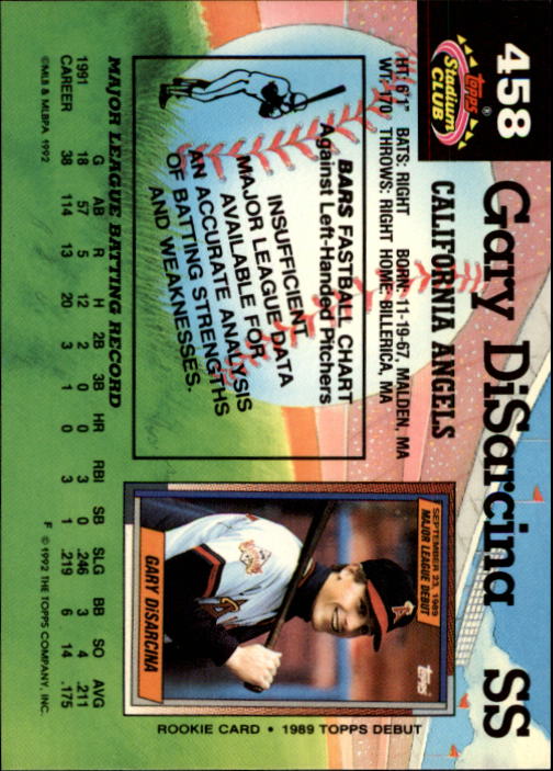 1992 Stadium Club #458 Gary DiSarcina back image