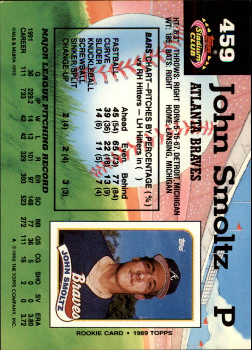 1992 Stadium Club #459 John Smoltz back image