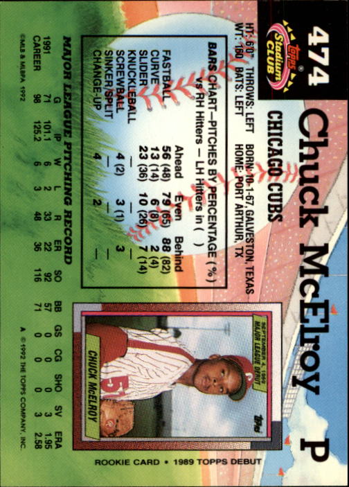 1992 Stadium Club #474 Chuck McElroy back image
