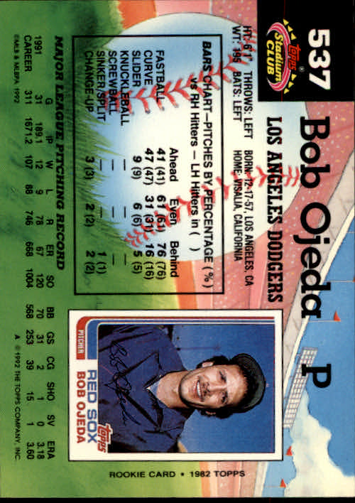 1992 Stadium Club #537 Bob Ojeda back image