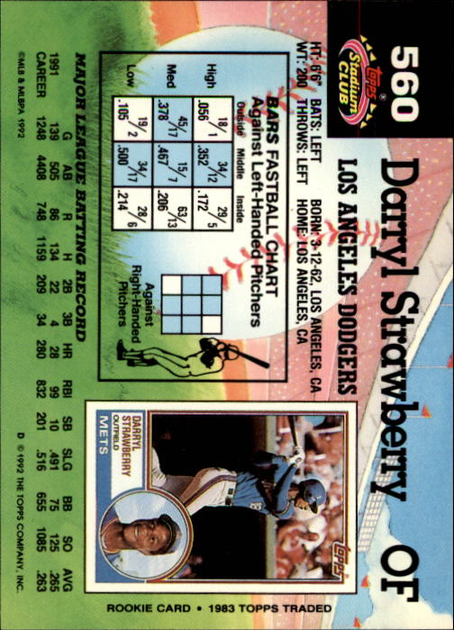 1992 Stadium Club #560 Darryl Strawberry back image
