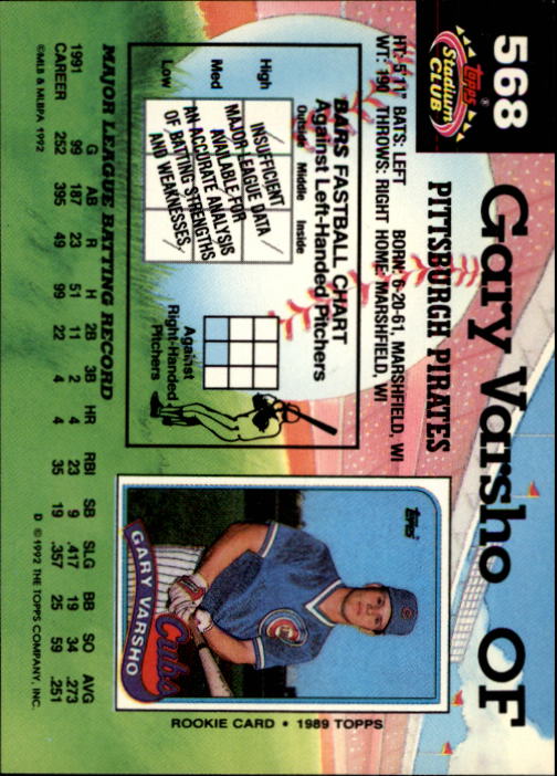 1992 Stadium Club #568 Gary Varsho back image