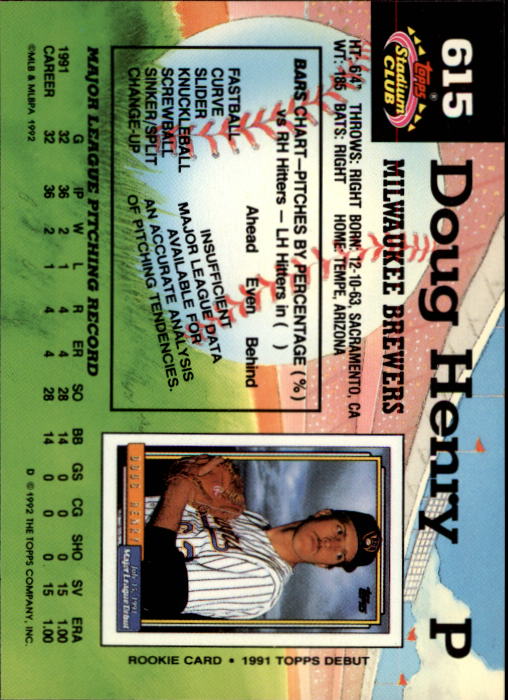 1992 Stadium Club #615 Doug Henry RC back image