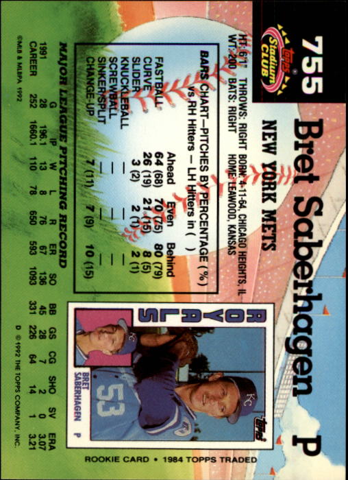 1992 Stadium Club #755 Bret Saberhagen back image