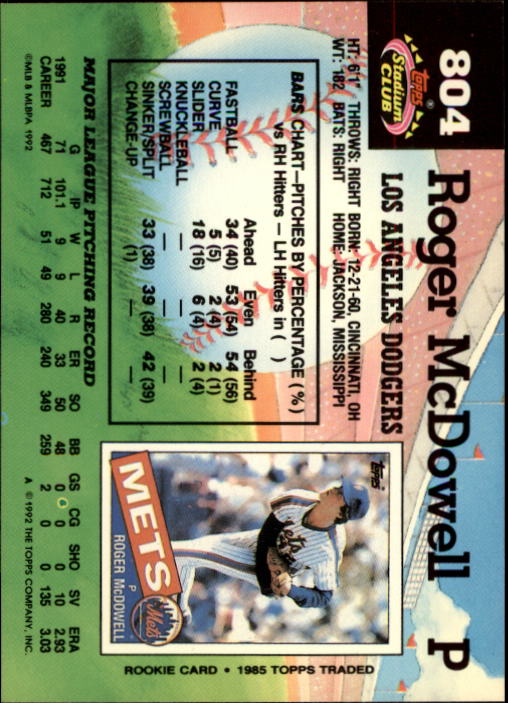 1992 Stadium Club #804 Roger McDowell back image