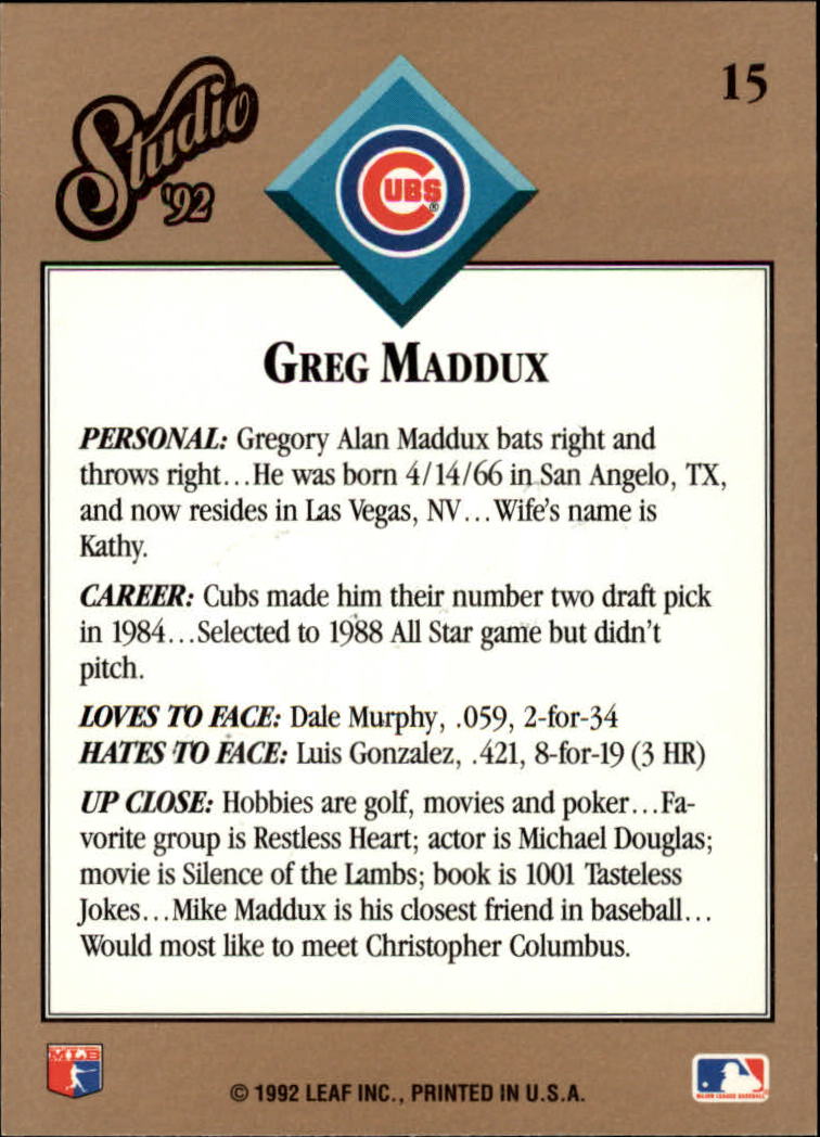1992 Studio #15 Greg Maddux back image