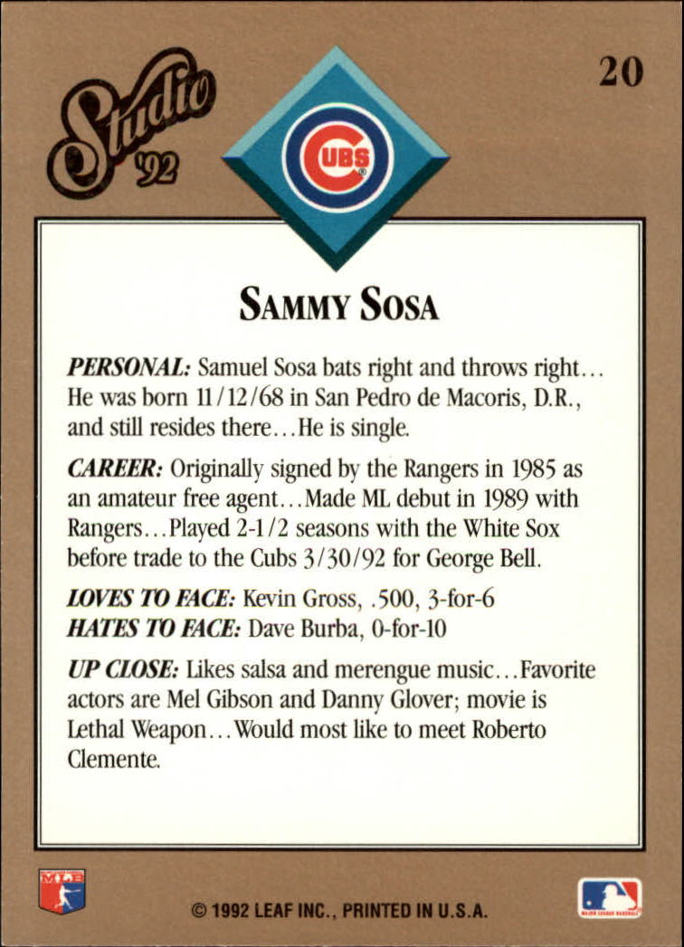 1992 Studio #20 Sammy Sosa back image
