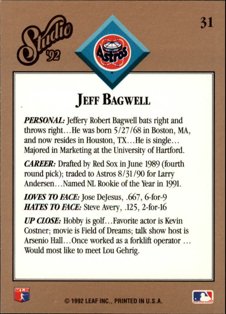 1992 Studio #31 Jeff Bagwell back image