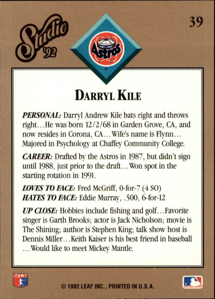 1992 Studio #39 Darryl Kile back image