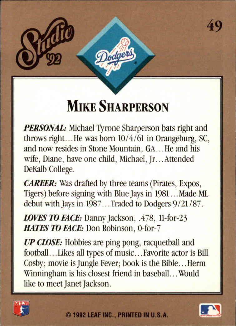 1992 Studio #49 Mike Sharperson back image