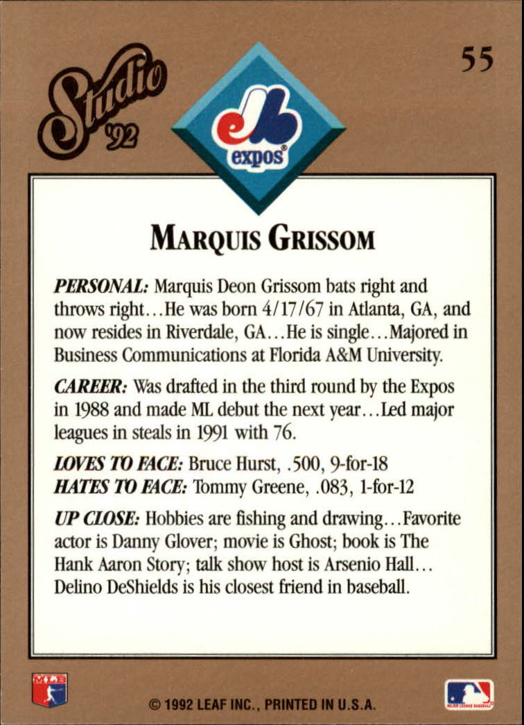 1992 Studio #55 Marquis Grissom back image