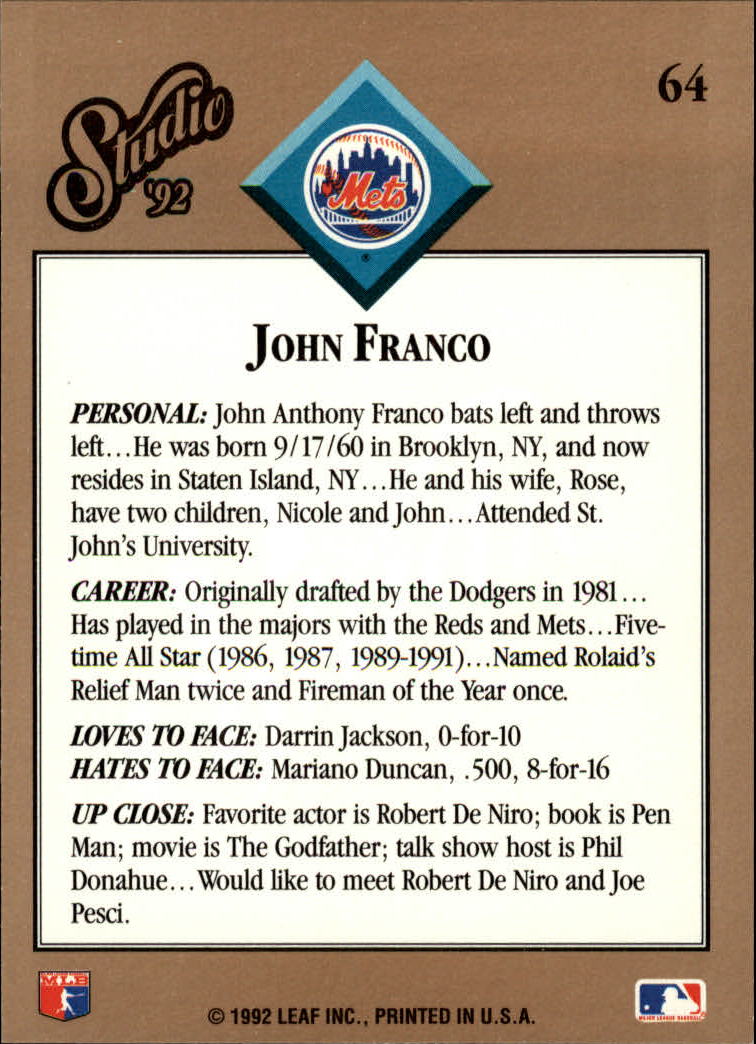 1992 Studio #64 John Franco back image