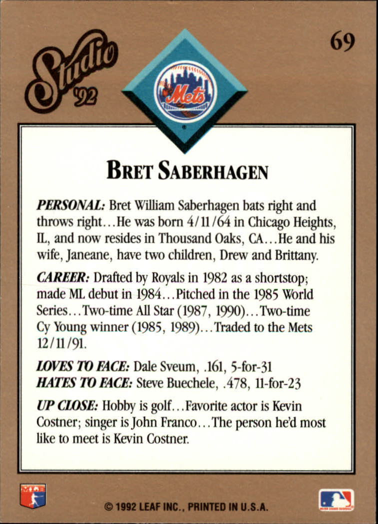 Bret Saberhagen autographed baseball card (New York Mets) 1992