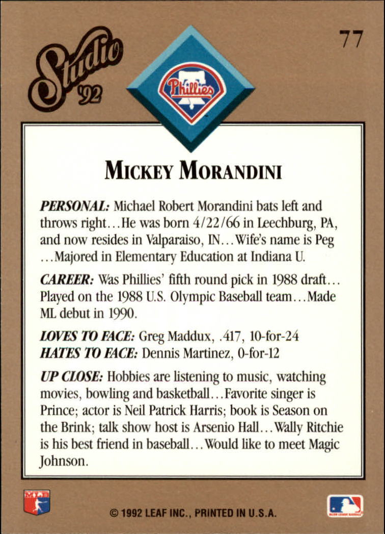 1992 Studio #77 Mickey Morandini back image
