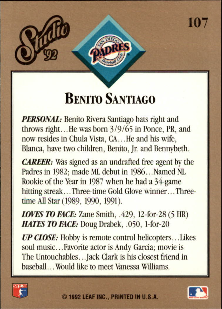 1992 Studio #107 Benito Santiago back image